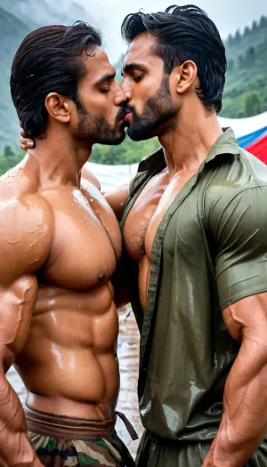 'Afzal Khan', A very handsome Muscular Pakistani Army Man sensually and passionately kissing a beautiful girl inside makeshift tent in rainy weather, sheer see-through clothes, (Married Muslim Virile hunk tightly embracing the girl, wet kiss involving full mouth, Dominant Man spitting inside girl's mouth), french kiss, biting lips, chewing each other's lips, hairy Chest and armpits, sexually frustrated, bodybuilder, professional photography, sharp focus, 4k high definition, insanely detailed, RAW photo, HDR, hyper-realistic, dark lighting, photo realism