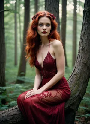 Ethereal cross-processed vintage film photograph, evoking a sense of mystique, featuring a high-quality pro photo of a stunning red ruby crystal woman creature, seated regally on a gnarled tree branch, surrounded by the ominous yet enchanting darkness of a summer forest at dusk. Her crystalline skin glimmers with a deep, rich red hue, as if infused with the essence of rubies. Her features are delicate, with high cheekbones, a slender nose, and full lips that curve into a subtle, enigmatic smile. Her long, flowing hair cascades down her back like a fiery waterfall, with hints of orange and amber tones that complement her crystal complexion. The 135mm portrait lens captures the intimacy and mystique of the scene, with the forest's dark, muted greens and browns providing a striking contrast to the creature's radiant, gemstone-like presence.