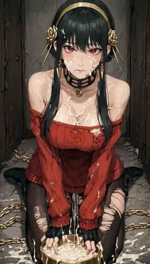 yor briar spy x family, nsfw, black hair, (head down ass up:1.2), She sticks her ass out, bowl full of cum, she is eating cum from bowl, Dirty Jail, happy, frown, Nipple piercing, Huge and excessive semen from pussy, steam, humid, covered in cum, cum covered, Collar, chain, Dirty, She's covered in cum, big breasts, big ass, torn clothes, aayorf, short, with, long, locks, gold, ornament, eyes, earring, breasts, choker, bare, shoulders, black, dress, two-sided, fingerless, gloves, thigh, boots, bbyorf, white, earrings, jewelry, off, shoulder, sweater, sleeves, pantyhose, collarbone, shirt, collared, vest, skirt, <lora:yor_forger_XL_v1:1>, <lora:detailed_notrigger:.5>, <lora:YoungAdultSDXL:-2>, <lora:Zhao190-P3v1-NbVp10:1.5>