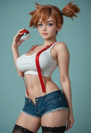 (Super slutty misty from pokemon:1.3), high ponytail, perfect hourglass body, big round breasts, wearing a sexy outfit with stockings, misty_\, (pokemon\), side_ponytail, navel, suspenders, denim_shorts, midriff, poke_ball_\, (basic\), bare_shoulders, short_shorts, <lora:misty_(pokemon):.5>