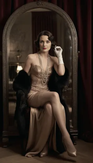 (((blackandwhite))), ((sepia)), Art Deco portrait of Coco Chanel, circa 1930s, full-length, seated on a Viennese chair before a large vanity mirror in her opulent boudoir. She’s a Caucasian woman in her late 40s, with a sophisticated, slightly melancholic expression, her gaze intensely focused on a diamond rivière necklace held delicately in her gloved hand. Her posture is elegant yet relaxed, one leg casually crossed over the other, her body slightly leaning forward in thoughtful contemplation. She wears a luxurious, floor-length, crimson white silk charmeuse peignoir, trimmed with deep black fox fur, revealing a plunging neckline. The peignoir drapes exquisitely around her figure, highlighting its graceful form. A long, slender cigarette holder extends from her perfectly formed lips, painted a vibrant scarlet red. Her dark hair is styled in a classic bob, framing a face with sharp cheekbones and intense eyes. The vanity is crafted from dark, polished wood with intricate Art Deco inlays, reflecting the room's luxurious ambiance. The room is softly lit, casting a warm glow on her skin and highlighting the rich textures of the silk and fur. A muted palette of creams, blacks and deep reds dominate the scene, accentuated by the sparkle of diamonds. The overall mood is one of refined elegance, tinged with a sense of quiet introspection, a classic Art Deco aesthetic captured with a slightly diffused, cinematic lighting style. The camera angle is slightly elevated, emphasizing her regal posture.