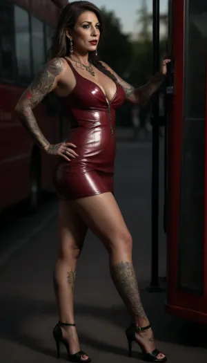 Full body view, full length professional photography, not naked, (50 years old woman:1.5), show feet, show legs, (oiled:1.9), ultra oiled body, (((Sexy stunning 50 years old milf wear luxury open toe high heels, standing next to the bus stop, belly piercing, big earrings, full lips, stunning 50 years old milf, red tight buttoned up jacket:1.7), tight microskirt:1.9), huge roundEd ass:1.6), (((huge saggy breast:1.7))), bubble ass. Hilauronic lips, (((hourglass petite figure:1.9))), hourglass shape, blue eyes, (long braided side hair:1.5), brunette, (A very Perverse face, red manicure, french pedicure, detailed toes, focus on feet), ((inflated lips:1.7)), dark brown skin, simple elegant black choker necklace, pushing, (UHD 8K, masterpiece, best quality, maximum details, extreme realism), (ultra realistic, taken on a Canon EOS R3, DSLR photo, in a dark street by night, selfie, black open toe high heels), ((fat tattooed legs:1.9)), view from the ground, low angle view, belly piercing, microskirt, extremely, short, skirt, detailxl, NEGATIVE_HANDS, BadX, l30_1, <lora:dark:.6>, <lora:MicroSkirt_XL:.6>, <lora:detailed_notrigger:.6>, <lora:chest_adjust:.7>
