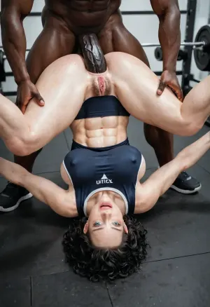 (interracial:1.2), white woman, busty athletic 40 years old woman, slutty pornstar, black hair, huge round fake tits, hairy pussy, in the gym, (training clothes, bottomless, exposed tits, woman grans her tits), (piledriver position, man holds her legs open wide), (white woman taking two hyper black cocks in the ass:1.4), (interracial double penetration, two huge muscular black men), (black hair 1.4), defeated sad expression, wide shot, full view, medium distance, from above view