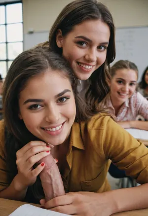 (((male pov))), ((two girls)), ((two hands on penis)), penis pressing cheek, <lora:cockteaseLoRASDXL:.5>, two gorgeous 21 y/o us-american girls, large breasts with fully open shirt, lascivious smile, students working at desks in a classroom in background, cinematic masterpiece
