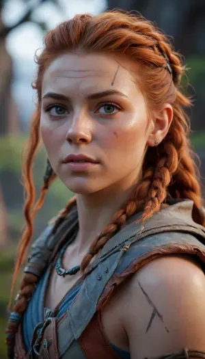 Aloy, from ps5 videogame "horizon". 3d rendering, unreal engine.