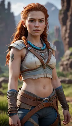 Aloy, from ps5 videogame "horizon". 3d rendering, unreal engine. Chubby body. Full body photo.