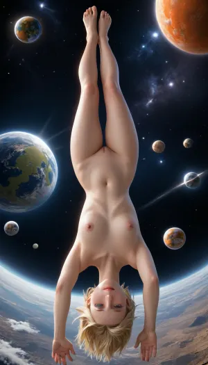 blond Hair, oily wet skin, flat, chested, Android 18 Dragon ball, Two beautiful sexy lesbians having sex while flying in space, upside down, full body in picture, Planets in background, no gravy, revealing tight space suit, naked breasts, naked legs, good hands, perfect fingers, (vagina), (shaved pussy)
