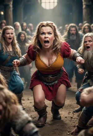 GLAMOUR DWARF INVASION FILM POSTER, WOMEN DWARF, IN THE STYLE OF EPIC MOVEMENT, DYNAMIC COMPOSITION, CINEMATIC COLOR GRADING, STUNNING, PHOTOREALISTIC, CHAOTIC ACTION, INTENSE EMOTION.