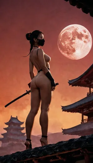 A masked kunoichi woman perched on the edge of a pagoda rooftop, her silhouette barely visible against the blood-red full moon. Below, a fortress courtyard teems with armored guards, oblivious to the shadow lurking above. With a swift, silent movement, she leaps, flipping midair as shuriken flash between her fingers. In an instant, she lands, dispatching two sentries before vanishing into the mist. Alarms ring out, and torches flare to life, casting flickering light on the swirling smoke bombs she leaves in her wake. From the rooftops, other shadowy figures appear—her clan, striking in perfect synchronization. As the enemy scrambles in confusion, she dashes toward the warlord’s chamber, katana drawn, ready to complete the mission before the night fades., (nudity:1.4)