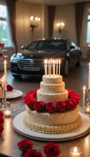 Birthday greeting, huge cake, in the background, (18 candles, money, car, diamonds, roses)