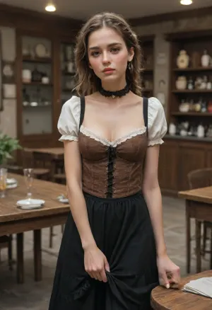 19 yo euro girl, cute, skinny, slender, not so tall, dirty blond hair, messy braided boho pomytail, large sad eyes, petite, upturned nose, red nose tip, nice full lips, sticks out her lip in an offended manner, perfect teeth, (((blush))), (Dirndl dress), cleavage, short sleeves, (lace collar), (long skirt), black transparent tights, white socks, standing back to a cafe table, leaning back a lot, (((pulling her skirt up)))