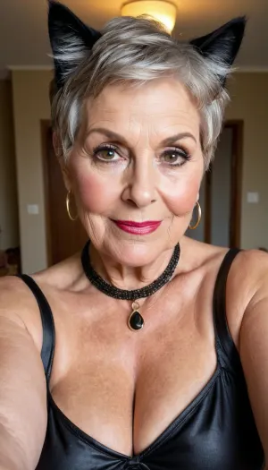 old granny mature, sexy 71 years old granny, dark blonde hair, short pixie hair, glamour, big hoop earrings, necklace, big eyes, wide shoulders, thick body, chubby, very tall, huge big saggy tits, extreme saggy big boobs, looking at the camera, cute sexy smile face, huge black eyes, very hot and horny, seduction horny, selfie, cat woman costume