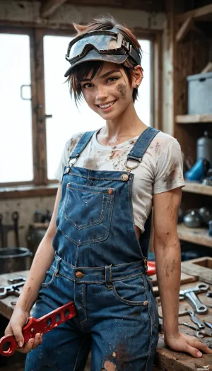 a busty petite androgynous tomboy mechanic wearing overalls and a work shirt holding a wrench in a fantasy workshop, short hair, tomboy, smiling, androgynous, SLIGHT cleavage, dirty skin, goggles on her head