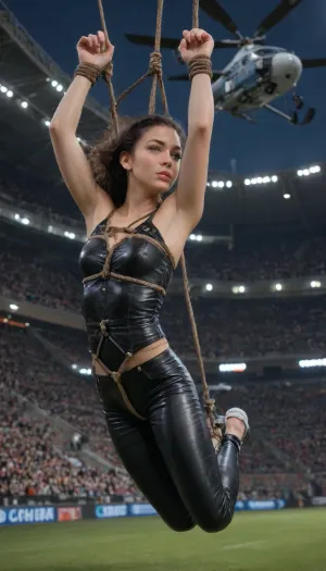 night, a young black-haired slim woman, ((skinny:1), with tight leather pants and leather corset is tied up and lowered from a helicopter, ((helicopter:1)), into a stadium, shibari, floodlights, shiny leather. she hangs freely, (hanging:1), in the air in the middle of the stadium. admired. dangles freely on ropes in the air. bdsm.)