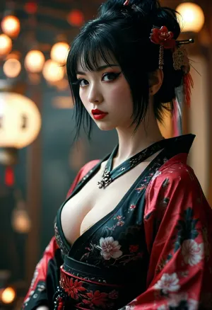 Goth emo geisha, bimbo, cleavage, sexy legs, huge breasts, uberfit, muscular, athletic, <lora:MJ52:.8>, <lora:uberfit_lora_sdxl:.4>