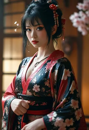 Goth emo geisha, bimbo, open kimono, cleavage, sexy legs, huge breasts, uberfit, muscular, athletic, <lora:MJ52:.8>, <lora:uberfit_lora_sdxl:.4>