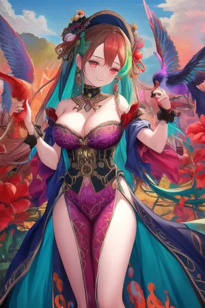 A gorgeous femenine victorian era goddess/ artist with paintbrush on hand smiling as she create a masterpiece in the sky despicting a paradise of tropical flowers and magic fantasy birds of multiple colors in thick impasto brushstrokes in Denegas art style with vibrant hues of fushia, turquoise, green, navy blur, mustard, crimson red and orange. Surreal art and fantasy hyper-realistic. Dark storm far in background contrasting