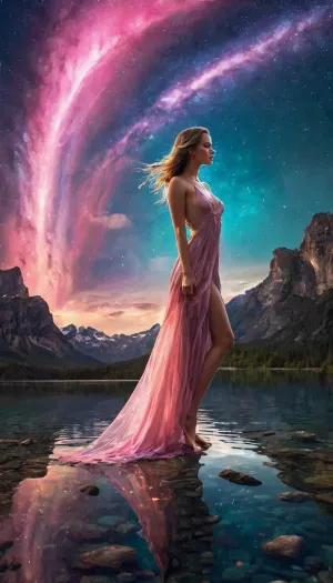 A woman standing at the edge of a glowing, crystalline lake, her bare feet sinking into soft, iridescent sand that shifts between shades of violet, turquoise, and gold. Her sheer, flowing dress clings to her curves like liquid silk, shimmering with every color of the spectrum as if woven from the very light around her. Above, the sky is a swirling masterpiece of neon pink clouds and cascading auroras, twin suns casting a warm, ethereal glow over the surreal landscape.
Behind her, enormous bioluminescent flowers bloom, their petals pulsing gently like breathing creatures, while vines curl through the air as if drawn to her presence. Strange, winged fish drift lazily above the lake’s surface, their scales refracting a rainbow of colors. She lifts a hand, and as if answering an unspoken command, a burst of glowing butterflies flutters around her, their wings leaving behind sparkling trails of stardust.
She turns slightly, casting a sultry glance over her shoulder, her luminous eyes reflecting the dreamlike world around her. The air hums with unseen magic, the colors bending to her will—because in this world, reality is hers to command, and beauty itself seems to exist just to worship her., (nudity:1.4)