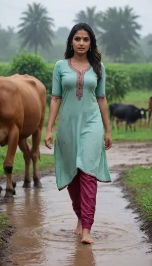 beautiful sexy slender young indian milf wearing a realistic salwar and suit standing in a village Coe farm, with some cow, her big boobs, big ass, raining outside, her body is fully wet, nipple are visible, panty wet visible, suit, girl