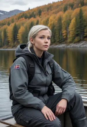 (masterpiece, best quality:1.2), 1 girl, swedish film character Rebecka Martinsson, solo, grey cotton fabric cargo pants, hiking boots, life jacket, cap, (anthracite velvet troyer:1.4), outdoors, white blonde hair, bright ice blue eyes, short haircut with side parting, hair tucked behind ears, she sits on a small motorboat, sunny autumn norwegian fjord landscape, she looks into the distance, serious look, photorealism