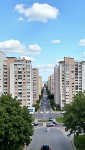 (apartment complex), ((masterpiece)), ((best quality)), outdoors, tree, sky, city, car, road, lamppost, street, real world location, ((multiple buildings)), center composition