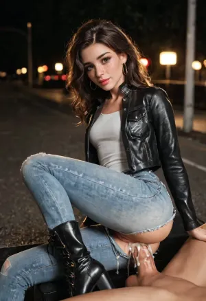 18 years super model girl, Russian model, brunette beautiful, freckles, makeup eyes, full lips, big eyes, rose mouth, perfect beautiful face, innocent look, excited expression, wearing a wearing tight unbuttoned jeans denim shirt, leather tight jacket, and high boots, dogstyle, being fucked by a giant monster ogre with huge cock, in an busy highway, penetrated, creampie, cumshot, anal, lot oi cum, good lighting, high resolution, lights, fucked hard, no mercy