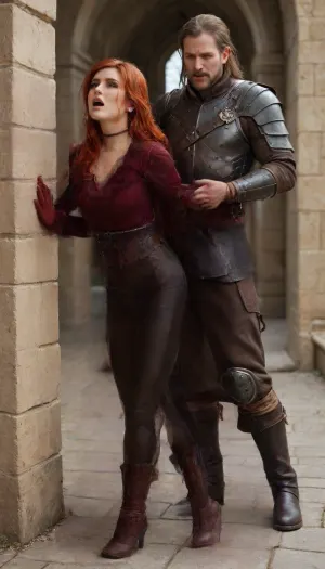 perfect tits, perfect sceen, fancy, brown leather corset with intricate gold embroidery that shows off her curves and ample chest. The corset is cinched with a wide, teal belt, and she's got long, dark red gloves that reach her elbows. Her sleeves are puffed and decorated with gold trim, adding to her regal vibe. A simple, black choker necklace with a small, ornate pendant hangs around her neck, tight black leather pants, brown boots. long red hair