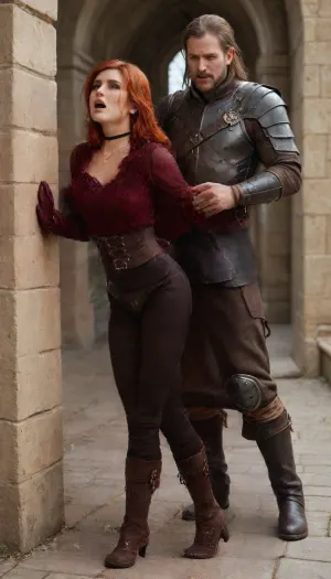 30 years old girl, triss merigold fucked from behind in caer morhen, triss wear, realistic, perfect tits, perfect sceen, fancy, brown leather corset with intricate gold embroidery that shows off her curves and ample chest. The corset is cinched with a wide, teal belt, and she's got long, dark red gloves that reach her elbows. Her sleeves are puffed and decorated with gold trim, adding to her regal vibe. A simple, black choker necklace with a small, ornate pendant hangs around her neck, tight black leather pants, snug dark brown pants and sturdy boots. long red hair, full body, mevival castle, tits grab, his hand on her boobs, natural big tits, skinny, fit, sporty, orgasm, man behind the redhead triss, 1 man, geralt of rivia, witcher 3, geralts hands on triss tits, triss bended over, boobs covered, her pussy penetrated, bend over, man wear witcher armor set, leather pants and boots