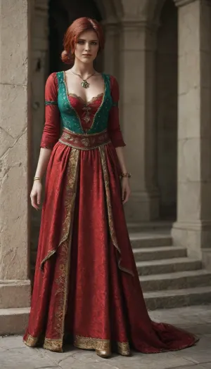 triss merigold, triss_merigold, red, hair, necklace, jewelry, <lora:trissASP:.8>, full body, dressed like in witcher 3 game