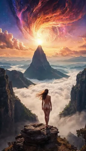A woman standing on the edge of a towering, crystalline peak, the wind whipping through her hair as the mountains stretch endlessly before her, bathed in the surreal glow of twin suns. The jagged peaks shimmer with veins of iridescent minerals, their surfaces reflecting colors that shift with every passing breeze—deep sapphire, molten gold, and electric violet. Wisps of glowing mist curl around the cliffs, drifting like ghostly ribbons through the air.
The sky above is a masterpiece of swirling pastels, with floating islands hovering between the clouds, their waterfalls spilling liquid light into the valleys below. Gigantic, feathered creatures with wings like stained glass glide silently between the peaks, their bodies leaving faint, shimmering trails in the air. A river of pure energy snakes through the valley, its surface alive with radiant pulses, as if the mountain itself is breathing.
She stands at the precipice, her gown clinging to her form like woven moonlight, shifting in color with the movement of the wind. The fabric flutters dramatically behind her, weightless and ethereal, as if made from the very sky. Her skin glows softly, kissed by the twin suns, while her golden eyes burn with an untamed, knowing fire.
She takes a slow, deliberate breath, the mountain air filling her lungs, and with one graceful step forward, the ground beneath her responds—a pulse of energy rippling outward, setting off a chain reaction as distant peaks tremble, sending cascades of luminous dust into the sky. The floating islands drift closer, the winds shift in her favor. Because here, atop the highest peaks of an impossible world, she is not merely a wanderer. She is the force that bends the mountains to her will., (nudity:1.4)