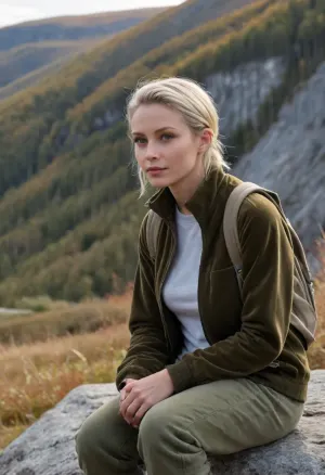 (masterpiece, best quality:1.2), 1 girl, swedish film character Rebecka Martinsson, solo, grey cotton fabric cargo pants, hiking boots, backpack, cap, (olive velvet troyer, long sleeves:1.4), outdoors, white blonde hair, bright ice blue eyes, short haircut with side parting, hair tucked behind ears, she sits on a stone and takes a break in sunny autumn swedish fjell landscape, she looks into the distance, serious look, photorealism
