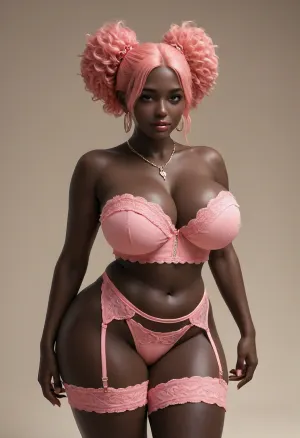 SSBBW, Breast Expansion, Extremely Large Ass, Bimbo, Topless, Volumetric, 18+, shameless fuckdoll, pink lingerie gold chain bustier thong garter belt lingerie, bdsm sexy thigh garter belt leg harness, gold necklace and earrings, sexy well developed african woman, (coal black skin:1.3), totally black body, super wide hips, extremely juicy tits, massive thighs, nude tits, firm tits, nude torpedo tits, wet oiled juicy skin, instagram thick model, smiling, cream background, extremely attractive sexy body, extremely fuckable attractive face, extremely sexy waist, extremely beautiful attractive smile, extremely attractive beautiful eyes, extremely attractive shapely legs, sexy shapely curvy waist, overflowing chubby meaty juicy body, big curvy ass, modeling, strawberry blonde afropuffs, strawberry blonde full afro buns, juicy gigantic lips, prognathism, prognathic mouth, wide african nose, african beauty, ridiculously enormous exaggerated bimbo lips, vulgar bombshell showing off, voluptuous hyperfeminine, luscious body, mystical subsaharan african sex goddess