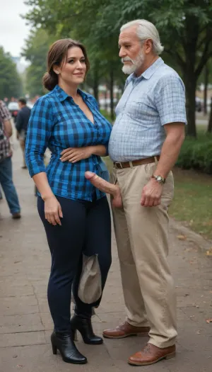 (Old man with a haircut, neat beard and mustache, handsome old man in full growth, checkered shirt, trousers, boots), (milf holds old man's big veiny penis and jerks it off), (milf with round face, very pretty, long-haired brunette, in blue blouse with low neckline, tight dark skirt, lace dark stockings, in open sandals with stiletto heels), old man grabs mature milf's tits, whole body, park, several men, many people around.