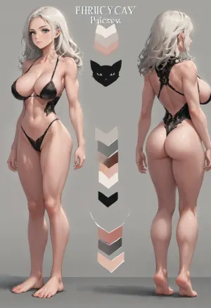 Felicia black cat, character reference sheet, woman, ATHLETIC BODY, WIDE LEGS, BIG BREASTS, DETAILED FEET, pose intact, character design sheet, ((1 front view, 2 side view, 3 back view)), a wonderful designer, 8k resolution, Ultra HD image output.