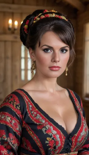 (4K UHD ultra-detailed RAW photo), high detailed, 8k, (photorealistic:1.7), 45 yo peasant scared woman in hayloft, ((milf:1.4)), (wearing Ukrainian summer national costume, Embroidery), ((voluminous black updo bangs haircut)), ((makeup:1.5)), plump, skindentation, chubby, bbw, venus, body, big, breasts, ass, <lora:Chubby BBW - XL:.5>