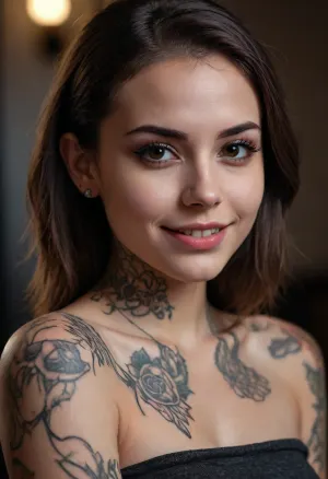 portrait of a beautiful sexy tattooed 18 years old girl, skinny, dark eyes, mysterious, (seductive look:1.4), (malicious smile), naughty