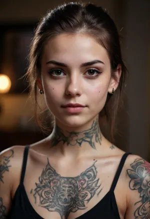 portrait of a beautiful sexy tattooed 18 years old girl, skinny, dark eyes, mysterious, (defiant look:1.4), (malicious smile:.9), naughty
