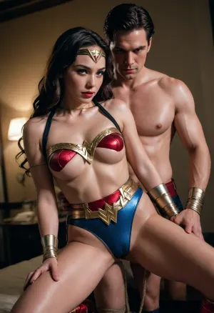 man and Wonder Woman, sex, 金鋼狼+神力女超人, rope, black, tape, gag, bondage, <lora:bdsm_SDXL_1_:.5>