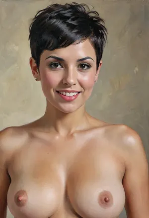 A medium close up portrait Classic academic oil painting depicting seductive smiling ironic 36 yo seductive Spanish Mexican Latino woman, ((Black)), (((pixie haircut))), (((nude))), ((high chest)), ((natural big boobs)), in style by John Singer Sargent, 3/4 shot over the shoulder shot, seamless suntan, volumetric light, dramatic cinematic light, masterpiece, <lora:oil painting:.6>, <lora:great_lighting:.6>