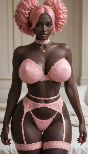 SSBBW, Breast Expansion, Extremely Large Ass, Bimbo, Topless, Volumetric, 18+, shameless fuckdoll, pink lingerie bustier thong garter belt lingerie, bdsm sexy thigh garter belt leg harness, gold necklace and earrings, sexy well developed african woman, (coal black skin:1.3), totally black body, meaty wide hips, extremely juicy tits, massive thighs, nude firm tits, nude torpedo tits, wet oiled juicy skin, instagram thick model, smiling, cream candy sweet theme, enticing accessories, extremely attractive sexy body, extremely fuckable dsl face, extremely sexy waist, extremely beautiful attractive smile, attractive beautiful eyes, extremely meaty shapely legs, exaggerated shapely curvy hips, overflowing chubby juicy body, meaty bubble ass, booty modeling, strawberry blonde afropuffs, strawberry blonde full afro buns, juicy gigantic lips, prognathism, prognathic mouth, wide african nose, african beauty, extremely exaggerated bimbo lips, vulgar bombshell showing off, voluptuous hyperfeminine luscious body, mystical subsaharan african sex goddess, (topless)