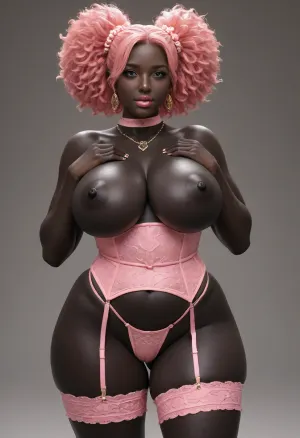 SSBBW, Breast Expansion, Extremely Large Ass, Bimbo, Topless, Volumetric, 18+, shameless fuckdoll, pink lingerie bustier thong garter belt lingerie, bdsm sexy thigh garter belt leg harness, gold necklace and earrings, sexy well developed african woman, (coal black skin:1.3), totally black body, meaty wide hips, extremely juicy tits, massive thighs, nude firm tits, nude torpedo tits, wet oiled juicy skin, instagram thick model, smiling, cream candy sweet theme, enticing accessories, extremely attractive sexy body, extremely fuckable dsl face, extremely sexy waist, extremely beautiful attractive smile, attractive beautiful eyes, extremely meaty shapely legs, exaggerated shapely curvy hips, overflowing chubby juicy body, meaty bubble ass, booty modeling, strawberry blonde afropuffs, strawberry blonde full afro buns, juicy gigantic lips, prognathism, prognathic mouth, wide african nose, african beauty, extremely exaggerated bimbo lips, vulgar bombshell showing off, voluptuous hyperfeminine luscious body, mystical subsaharan african sex goddess, (topless)