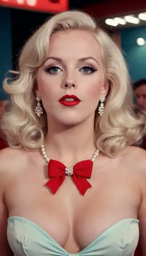 extremely beautiful and sexy vintage pin up girl with long bleach blonde vintage style hair, sparkling red hair bow, foxy blue eyes, blue eyeshadow, perky nose, blush cheeks, extremely huge puffy fake bimbo lips, dark red lipstick, vintage crystal earrings, vintage pearl necklace, extremely tanned skin, perfectly shaped slim body, perfect thighs, wearing sparkling red vintage circle dress, posing outside retro theater at night, photorealistic, extremely detailed face, extremely detailed picture, high quality picture, circle, dress, <lora:8fcf1204-8988-4a6b-81d6-6595f4184458.TA_trained:.5>, xbmyr, photo, style, <lora:brasilGPv1:.5>, <lora:RMSDXL_Photo:.5>, <lora:epiCPhotoXL:.5>, retro, vintage, 8mm, 1960s, <lora:retro vintage 8mm SDXL Lora:.5>