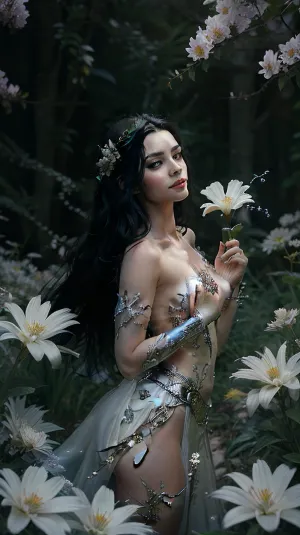A stunning fantasy digital painting of an enchanting, beautiful woman with long black hair. She is wearing white and silver fairy, with flowers in her hand and mystical elements around her. The fantasy background features a dynamic pose, full-body shot, sharp focus, and high resolution. The hyper-realistic details, cinematic lighting, and intricate detail create an ultra-detailed, HDR fantasy art style in the style of Vixsin