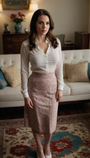 A busty young brunette woman, positioned in the center-left of the image, is standing on a patterned rug. She is wearing a white sheer blouse with long sleeves, her perfect massive natural breasts pressing against the blouse, and a light brown, textured midi skirt. She is wearing white shoes. A red flower-shaped hair clip is placed on her hair, adding a pop of color. Her expression is neutral, and her hair is long and dark brown. She has a medium build. The light is soft and diffused, casting no harsh shadows. The background shows a white couch with dark blue throw pillows. The overall style is fashionable and modern, with a touch of vintage flair.&nbsp;The carpet is cream-colored with teal and pink floral patterns, adding texture and color.&nbsp;The lighting is balanced, highlighting the woman's features and the clothing's texture without harsh contrasts. The perspective is slightly downward, viewed from the side, focusing on her pose and the patterned rug. The image is well-composed and showcases details of the clothing, accessories, and environment.