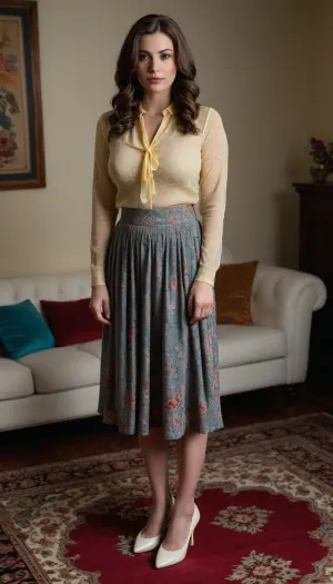 A busty young brunette woman, positioned in the center-left of the image, is standing on a patterned rug. She is wearing a light yellow sheer blouse with long sleeves, her perfect gigantic round natural breasts pressing against the blouse, and a light brown, textured midi skirt. She is wearing white shoes. A red flower-shaped hair clip is placed on her hair, adding a pop of color. Her expression is neutral, and her hair is long and dark brown. She has a medium build. The light is soft and diffused, casting no harsh shadows. The background shows a white couch with dark blue throw pillows. The overall style is fashionable and modern, with a touch of vintage flair.&nbsp;The carpet is cream-colored with teal and pink floral patterns, adding texture and color.&nbsp;The lighting is balanced, highlighting the woman's features and the clothing's texture without harsh contrasts. The perspective is slightly downward, viewed from the side, focusing on her pose and the patterned rug. The image is well-composed and showcases details of the clothing, accessories, and environment.