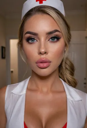 woman, (sexy nurse, sexy nurse outfit, nurse outfit:1.6), (soft focus), (ultra realistic, realistic, photorealistic, photo realistic, photorealism, photo realism), (maximum quality, ultra-detailed, insanely detailed, highly detailed, high quality, uncompressed, raw source photograph), (highly detailed eyes, high resolution eyes, high quality eyes, highly detailed skin, detailed skin texture, highly detailed hair), (same color eyes, symmetric eyes, matching eyes, detailed eyes, detailed iris, detailed pupils, limbal ring around iris, perfectly round iris, perfectly round pupils), (striking eyes, captivating eyes, mesmerizing eyes, glittering eyes, foxy eyes), (stylish glasses with thin frames:1.2), (highly detailed skin, detailed skin texture, highly detailed hair), (bleach blond hair with dark roots and pink highlights), (wide eyes, doe eyes), (bimbo makeup, heavy makeup, heavy eyeliner, fake eyelashes, bimbo lips, overfilled lips, filled lips, puffy lips, duck lips, glossy lips, her thick wet lips are slightly parted), (bubblegum bimbo, huge bimbo tits, huge fake tits), (wearing a tight top stretched over her massive fake tits, her tits are so huge they're about to burst out of her top, her top is stretched to the limit), ziprealism, bmbplora, <lora:bimboxl_02:.5>, blue eyes, perfecteyes, <lora:PerfectEyesXL:.4>