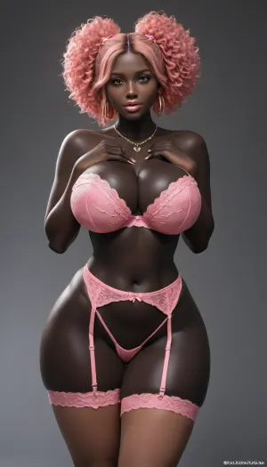 SSBBW, Breast Expansion, Extremely Large Ass, Bimbo, Topless, Volumetric, 18+, shameless fuckdoll, pink lingerie bustier thong garter belt lingerie, bdsm sexy thigh garter belt leg harness, gold necklace and earrings, sexy well developed african woman, (coal black skin:1.3), totally black body, meaty wide hips, extremely juicy tits, massive thighs, nude firm tits, nude torpedo tits, wet oiled juicy skin, instagram thick model, smiling, cream candy sweet theme, enticing accessories, extremely attractive sexy body, extremely fuckable dsl face, extremely sexy waist, extremely beautiful attractive smile, attractive beautiful eyes, extremely meaty shapely legs, exaggerated shapely curvy hips, overflowing chubby juicy body, meaty bubble ass, booty modeling, strawberry blonde afropuffs, strawberry blonde full afro buns, juicy gigantic lips, prognathism, prognathic mouth, wide african nose, african beauty, extremely exaggerated bimbo lips, vulgar bombshell showing off, voluptuous hyperfeminine luscious body, mystical subsaharan african sex goddess, (topless)