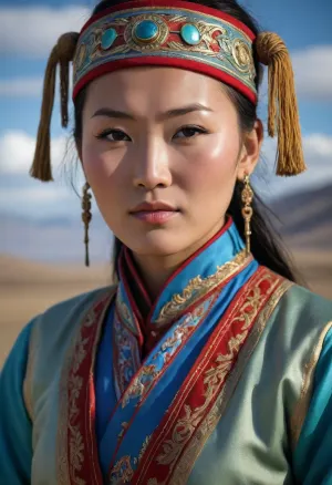 Beautiful Mongolian woman in traditional Mongolian clothing, in Mongolia