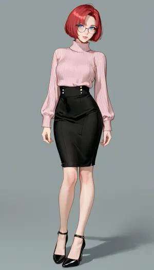 (prostokvashino), (uncle fyodor's mother), 45 years old milf, smooth red hair, short bobcut hair, big beautiful blue eyes, skinny face, thin cheeks, small cheekbones, sharp nose, small but full lips, Small round breasts, slim waist, wide hips, long legs, black plastic glasses with square lenses, <lora:Her_Eyes:.5>, Pink turtleneck sweater with long sleeves, long black skirt, ratatatat74, <lora:ratatatat74-000050:1.5>, <lora:cartoon_stickers_xl_v1:.6>, high heels