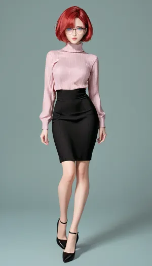 (prostokvashino), (uncle fyodor's mother), 45 years old milf, smooth red hair, short bobcut hair, big beautiful blue eyes, skinny face, thin cheeks, small cheekbones, sharp nose, small but full lips, Small round breasts, slim waist, wide hips, long legs, black plastic glasses with square lenses, <lora:Her_Eyes:.5>, Pink turtleneck sweater with long sleeves, long black skirt, ratatatat74, <lora:ratatatat74-000050:1.5>, <lora:cartoon_stickers_xl_v1:.6>, high heels